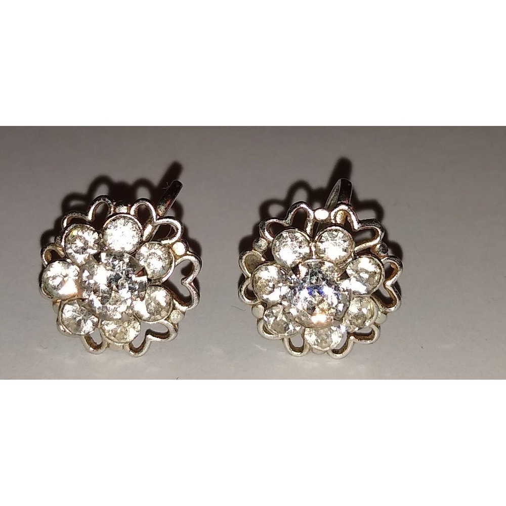 Vintage Silver Tone Rhinestone & Hearts Design Screw Back Earrings